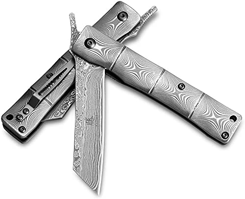 KATSU Klappmesser Taschenklappmesser Handgemachtes japanisches, Rettungsmesser Messer Outdoor aus Damaststahl im Bambusstil mit Taschenclip für Arbeit Wandern Camping