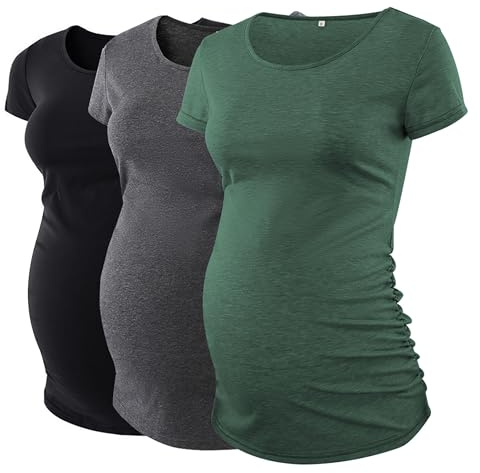 Love2Mi 3-teiliges Umstandsshirt mit kurzen Ärmeln, Umstandsmode, T-Shirt, lässiges Umstands-Top, Schwarz + Dunkelgrau + Dunkelgrün, M
