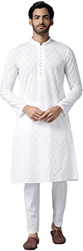 See Designs Kurta dritto ricamato Chikankari bianco da uomo con pigiama, bianco, M