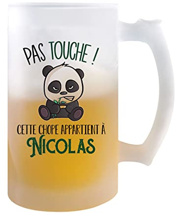 Planetee Chope de bière prénom Nicolas avec panda mignon et grognon | Verre à bière pinte Cadeau Apéro Humour alcool