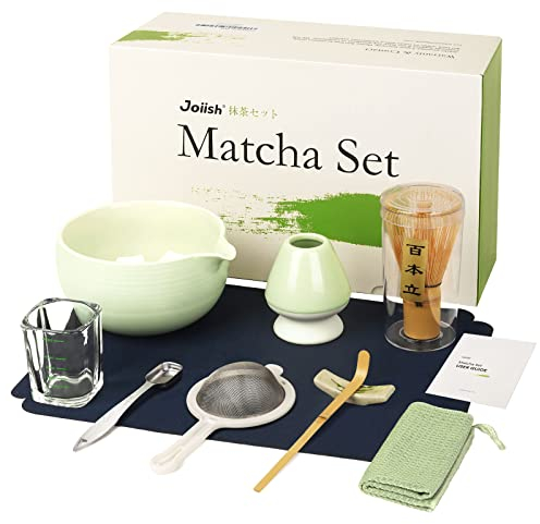 Joiish 10-Pcs Matcha Set, Bamboo Whisk and Bowl with Spout & Measuring Spoon, Chasen Holder, Sifter, Complete Matcha Tea Kit (Light Green)