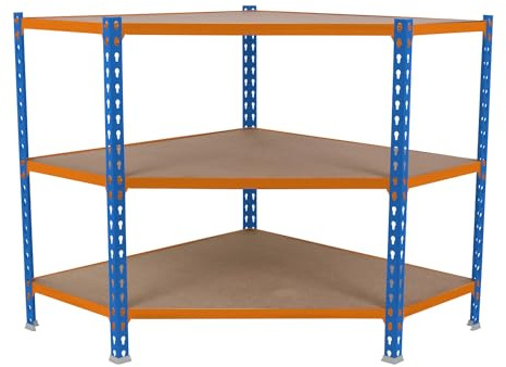 Simon Rack Eckregal aus Metall, 900 x 900 x 300 mm, 3 Holzböden, 200 kg Biegepunkt, Lagerregale, Blau/Orange/Holz - Maderclick Corner