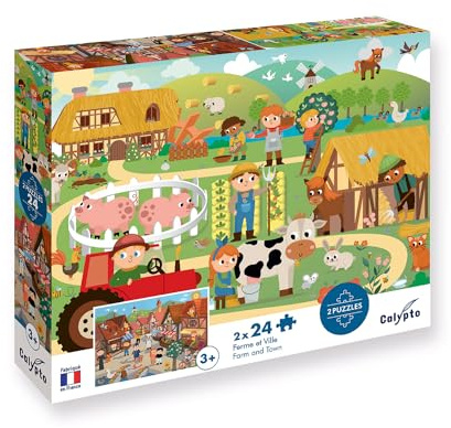 Calypto 3907702 Bauernhof & Stadt, 2x24 Teile Puzzle-Set mit Soft-Touch, Kinderpuzzle mit großen Teilen und samtiger Oberfläche inkl. Puzzleposter, für Kinder ab 3 Jahren, Markt, Farm, Tiere