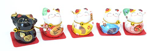 BETTER WITH FRIENDS 5 x Maneki-Neko. Gato Chino agitando la Mano. 5 cm estatuas coleccionables orientales clásicas. decoración del hogar asiático. Gato Chino de la Suerte