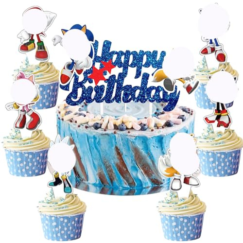 Cartoon Cake Topper, 7 Stück Cartoon Geburtstag Tortendeko, Blaue Muffin Deko, Happy Birthday Kuchendeko, für Baby Shower Kinder Geburtstag Party Kuchen Dekoration Supplies