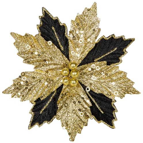 Weihnachtsblumen für Weihnachtsbaumschmuck Weihnachtsbaumdeko Schwarze | Arborus 8 STK. Künstlicher Weihnachtsstern Glitzer Kunstblume mit Clips Blumen für Tannenbaum Adventsdeko Weihnachten Deko