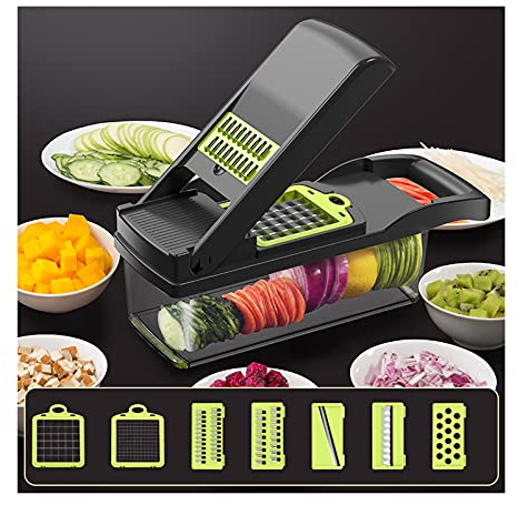 Cortador de verduras eléctrico, cortador de verduras, rallador de queso y cortador de dados, cortador de verduras 7 en 1 con recipiente, para cortador de patatas, cebolla, cortador de verdur