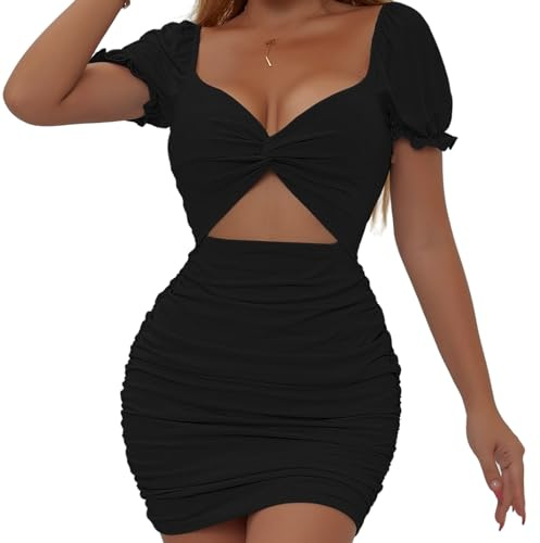 Belriviere Womens Sexy Mini Dress Bodycon Ruched Cutout Puff Sleeve Twist Front Short Dresses for Party Night Out Clubwear M Black