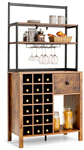 COSTWAY Casier à Vin Industriel pour 18 Bouteilles, Armoire de Cuisine avec 4 Étagères de Rangement, Porte-Verre, Porte Bouteilles, pour Cuisine, Bar, Salon, 40 x 74 x 160 cm