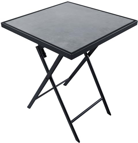 BRUBAKER Gartentisch Bergamo - 58 x 58 cm Balkontisch wetterfest - Metall Beistelltisch klappbar - Campingtisch eckig mit Stein Optik - Klapptisch für Balkon, Terrasse - Bistrotisch - Grau