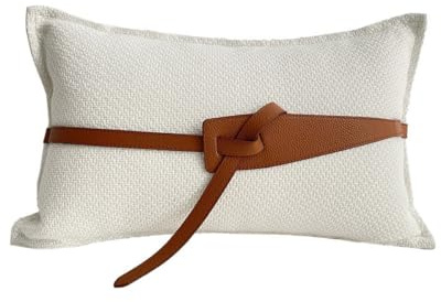 Croker Horse 12x20'' Inches Throw Lumbar Pillow Cushion Covers - Rectangular with PU Leather Belt Couch Sofa Waist Pillow Cover for Living Room Bedroom (White)