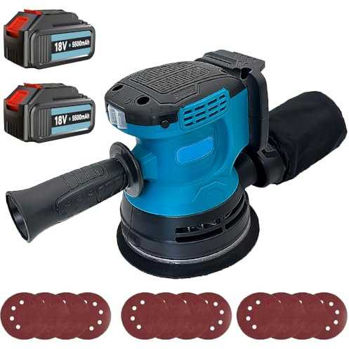 Akku Exzenterschleifer 125mm, Ersatz für Makita DBO180Z, Exzenterschleifer 125 mm Schleifteller Bürstenloser mit 2x 3000mAh Akku und Ladegerät, Zum Schleifen und Polieren Von Metall/Holz ﻿