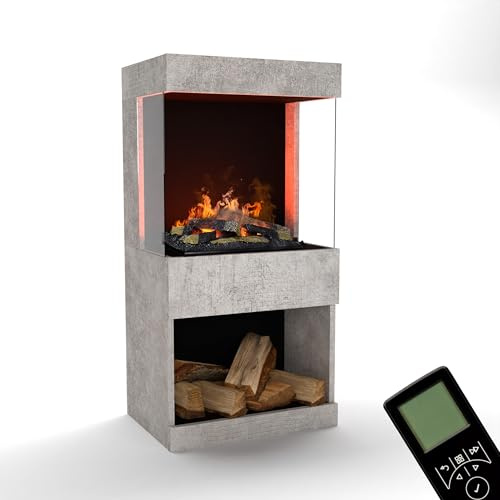 GLOW FIRE Wasserdampf Kamin OGF 2 (Standkamin) - Elektrokamin mit realistischen LED 3D-Flammen, Knistereffekt & Fernbedienung, 55x110x40 cm - Opti-Myst 400 Elektro Kamin mit Holz-Deko, Beton
