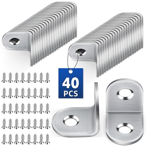 Jeboler Angle Brackets 20×20mm, 40pcs Stainless Steel Right Corner Bracket | Metal L Brackets 90 Degree Corner Braces Small Bracket with 80pcs Screws for Wood Fixing Furniture Shelves Tables Chairs