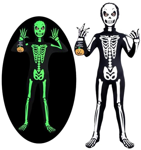 Disfraz Halloween Niño,Disfraz Esqueleto Niño Brillando En La Noche Traje de Mono de Esqueleto Negro Bolsa de Calabaza Mascara Halloween Traje de Esqueleto Chico Fiesta de Cambio de Ropa Apto 5-14
