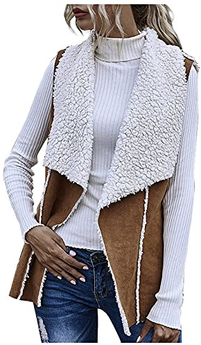 duxyoz Gilet en daim synthétique pour femme - Décontracté - Sans manches - Doublure en peau de mouton - Chaud - Thermique - Revers élégant - Ouvert sur le devant - Doublure polaire en peluche - Fin -