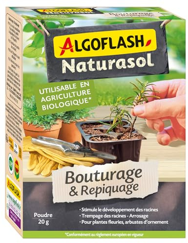 ALGOFLASH NATURASOL Bouturage & Repiquage, Enracinement Rapide, UAB, 20 g | Augmente la croissance racinaire (volume, chevelu et nombre de ramifications des racines). Simple d’utilisation.