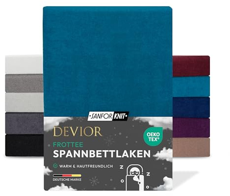 Devior Frottee Winter Spannbettlaken, Petrol, 180x200 – 200x220 cm – Kuscheliges Bettlaken 160 g/m² aus Baumwolle für Boxspringbett-Matratzen bis 32 cm Höhe – Oeko-TEX Made in Green Zertifiziert