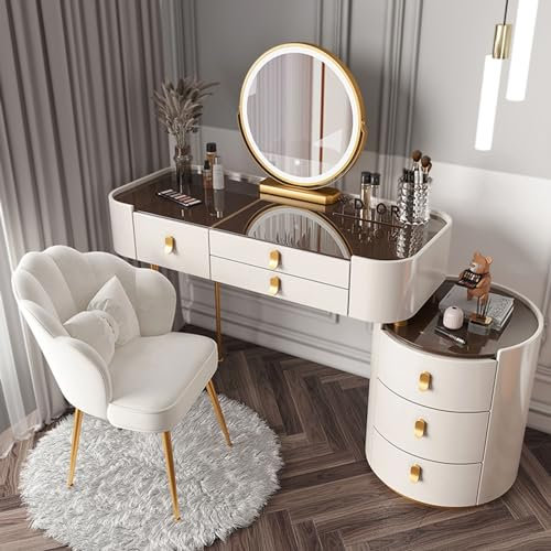 Bianco Schminktisch-Set mit beleuchteten Spiegel-Schubladen, Beistellschrank, Stuhl, 3 Beleuchtungsfarben, 100 cm, 3 Größen