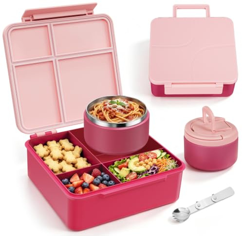 MAXSO Bento Lunch Box Set for Kids with 8 oz Soup Thermo, Leakproof Hot Food Container with 4 Compartments, Insulated Food Jar for Toddler Daycare Boys Girls School - Pink