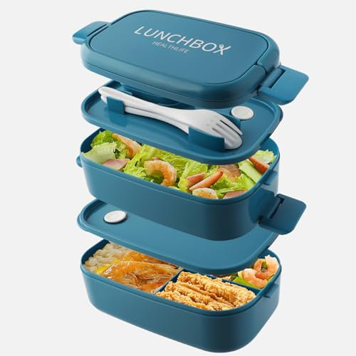 HENSHOW Bento Lunch Box Stackable, 1500ml Lunch Box with Compartments for Adults Men Women Kids, Leak Proof Container with Cutlery for Work School Picnics, Microwave Safe (Blue)