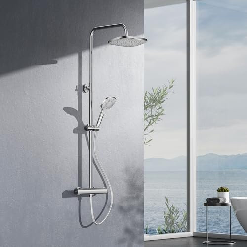EMKE Duschsystem mit Thermostat, 38℃ Thermostat Duschsäulese, Duscharmatur Komplettset mit 28 cm Quadratisch-Overhead Regendusche, 86-119cm Höhenverstellbare Duschstange, KTW Zertifizieren, Chrom