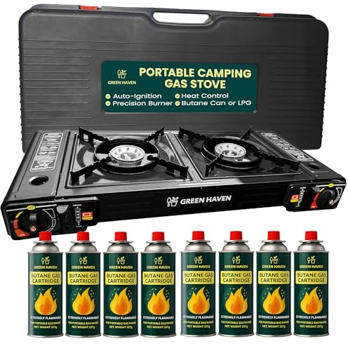 Green Haven Camping Stove Double Burner | Portable Gas Cooker & Ignition | EN417 COMPLIANT: gas cooker accessories · outdoor cooking · BBQ · backpacking · hiking · festival use
