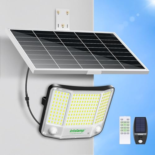 INTELAMP Solarlampen für Außen mit Bewegungsmelder mit Fernbedienung 4000LM | Metallhalterung | 20W MONO-Solarpanel | 20.000mAh Akku | Leistungsstarke Solarleuchte | Sensorleuchte mit Funkvernetzung