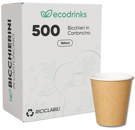 ecodrinks - 500 Bicchieri Carta Avana 180ml - Per Acqua, Cocktail, Bevande Calde e Fredde - Biodegradabili, Eco-friendly e Made in Italy