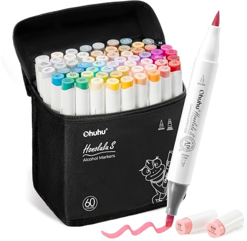 Ohuhu Markers, 60+1 colori, pennello e scalpello morbido, doppia punta, senza cuciture, ricaricabile pennarelli ad alcool per artisti, adulti, illustrazioni colorazione calligrafia - Honolulu Serie S