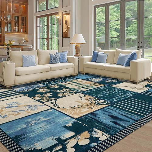 DSKOGYEM 8x10 Area Rug - Soft Modern Geometric Patchwork Rug, Non-Slip Boho Living Room Rugs, Washable Large Carpet for Dining Room, Office, Bedroom (Navy Blue/Khaki)