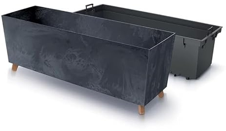 Planters Pride Quadro 77cm Raised Rectangular Planter on Legs, Marengo | Self-Watering 27L Recycled Plastic Plant Trough with Insert | Outdoor/Indoor Large Beton-Effect Low-Profile Patio Planter Box