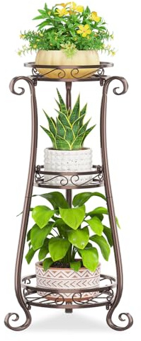 JC-Houser 3 Etagen Blumenständer Pflanzenständer Blumenetagere Pflanzenregal aus Metall für große Töpfe Indoor Outdoor, hohes stabiles Blumen Gestell Regal Stand für Balkon Büro Bad Ecke, Bronze