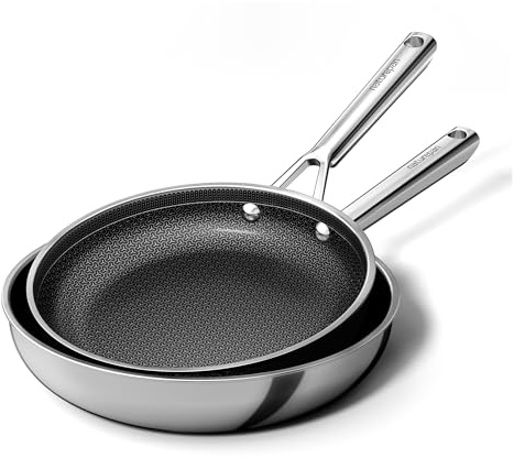 naturepan Set de 2 Poêles Hybrides Acier Inoxydable 24/28 cm, Revêtement Céramique Diamant Titane, Structure 5 Couches, Surface Nid d'Abeille Laser, Induction, Poignées Froides, Lave-vaisselle