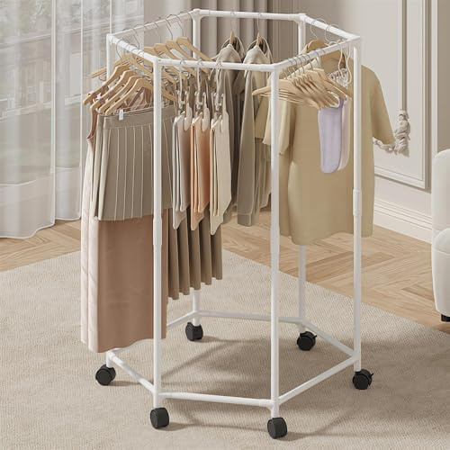 SAYEYBU Perchero Giratorio de Pie, Perchero Hexagonal con Ruedas, Soporte Plegable y PortáTil para Tendedero para Dormitorios, Boutiques y Tiendas,Blanca,Single Layer