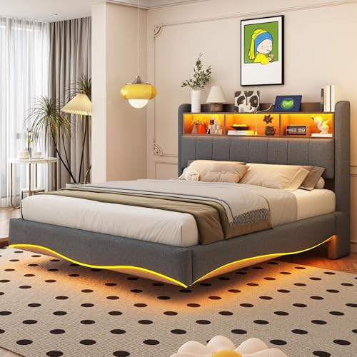 Polsterbett mit schwebendem Design und LED Beleuchtung, Stauraum am Kopfteil, USB Typ-C Ladeanschluss, Leinenstoff, Metallrahmen, modernes Schlafzimmer