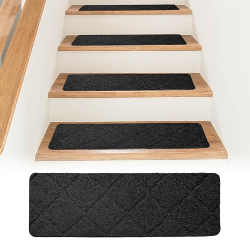 Bocguy 15 Piezas Alfombrillas para Escaleras Antideslizantes, 55 x 19 cm Alfombrillas Autoadhesivas Escalones Interiores, Recortables y Reutilizables, Protección para Mascotas, Mayores, Niños