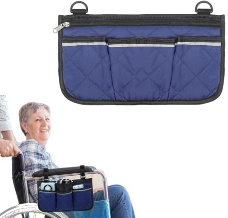 Borsa laterale per sedia a rotelle, Borsa multifunzionale impermeabile in tessuto Oxford per sedia a rotelle, Adatta per sedia a rotelle per anziani, Scooter e Camminatori（Blu scuro）
