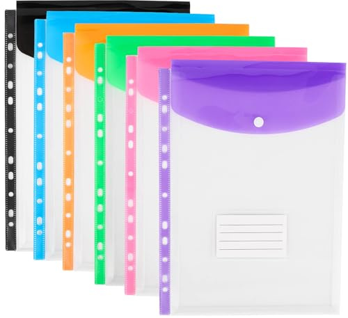 6 Stück Kunststoffmappen A4, gelocht, 11 Löcher, erweiterbar, Ordner für 2/3/4 Ring Dokumententasche mit Druckknopf & Etikett, lose Blätter, transparent für Büro, Schule, Zuhause (oben offen)