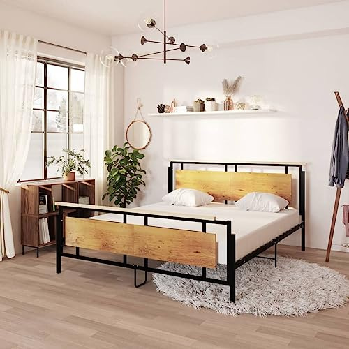 QJBSAVVA Metallbett 180x200 Schwarz, massiv Eiche, Stahl, MDF, 180x200 cm, modern, langlebig