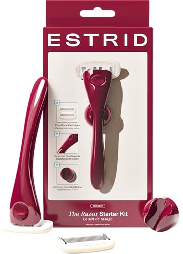 Estrid Rasierer Starterset, Damenrasierer Set mit 5-Klingen System, Veganer Feuchtigkeitsstreifen, 2 Ersatzkleingen, Wandhalterung (Ruby)