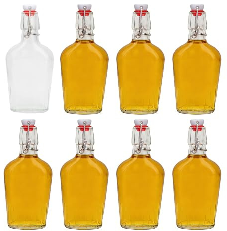Set of 8 8.5 Oz Clear Swing Top Glass Flasks - Airtight Stopper Pocket Hip Whiskey Flasks, Easy-Cap Liquor Bottles for Spirits, Beer & 2nd Fermentation Brewing