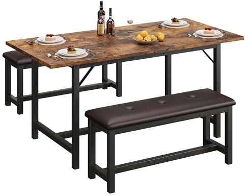 Esstisch, Ausziehbar Esszimmertisch Mit Tischbeine Aus Metall, Rechteckiger Küchentisch, Moderner Küchentische Esszimmertisch Mit 2PU Gepolsterten Bänken Set Für 4–6 Personen Für Wohnzimmer, Esszimmer