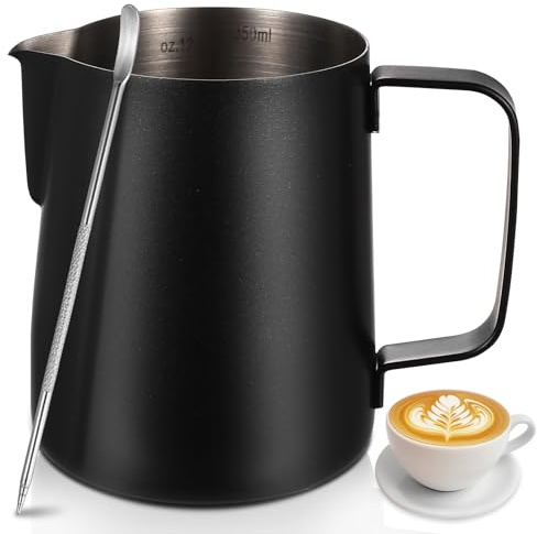 350ml Edelstahl Milchkännchen Barista Zubehör, Milchkanne Edelstahl Milchschaumkännchen, Milchaufschäumer Kanne, Aufschäumkännchen, Milchschaum Kanne, Espresso Kaffeezubehör, mit Latte Art Pen