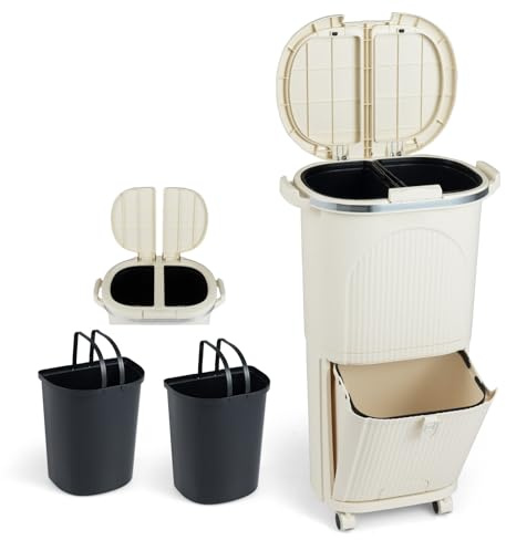 COSTWAY Cubo de Basura Cocina 38L (12+12+14L),Cubo de Basura de Reciclaje con 3 Compartimentos, 2 Cubos Extraíbles, Pedal y Ruedas, Papelera de Reciclaje con 2 Tapas Separadas, 43x29x74,5 cm (Beige)