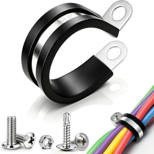 Taiss 50PCS serre-câbles 1/2 pouce acier inoxydable 304 avec coussinnet caoutchouc, serre-fils isolants, colliers tubes/annulaires, serre-câbles métalliques équipés de deux types de vis (13mm)