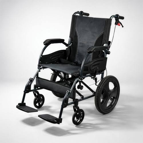 Aidapt Lightweight 12kg Aluminium Transit Wheelchair – Folding Attendant Propelled Wheelchair with Locking Hand Brakes, Half-Folding Backrest, Flip-Up Footrests, Seatbelt & Padded Seat