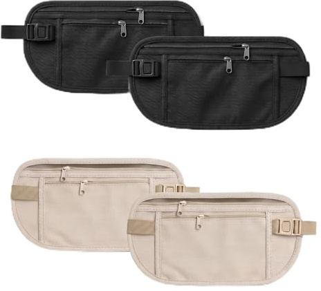 Thhiit 4 Pcs Money Belts for Travel Hidden Men, Security Waterproof Durable Women Passport Pouch Belt with 2 Pockets (Khaki and Black)