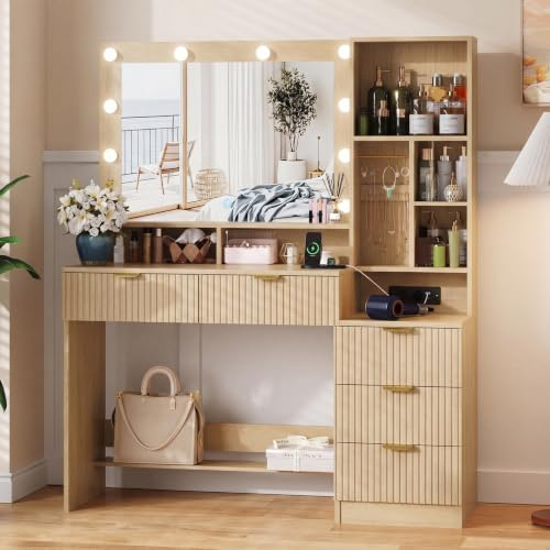 JUMMICO Toeletta Trucco con Specchio e Luci,Tavolo da Toilette con Cassetti, Postazione Trucco con Ripiani Aperti, Ganci per Gioielli e Presa Elettrica per Camera da Letto,Moderno (Bianco) (bianco)