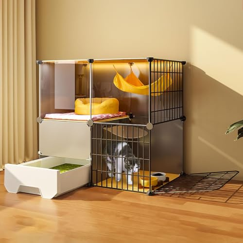 Jaula For Gatos Interior, Recinto For Gatos con Caja De Arena | Cajón desmontable de las perreras del alambre de metal de la casa del gato, lugar grande del ejercicio(75x49x73cm)